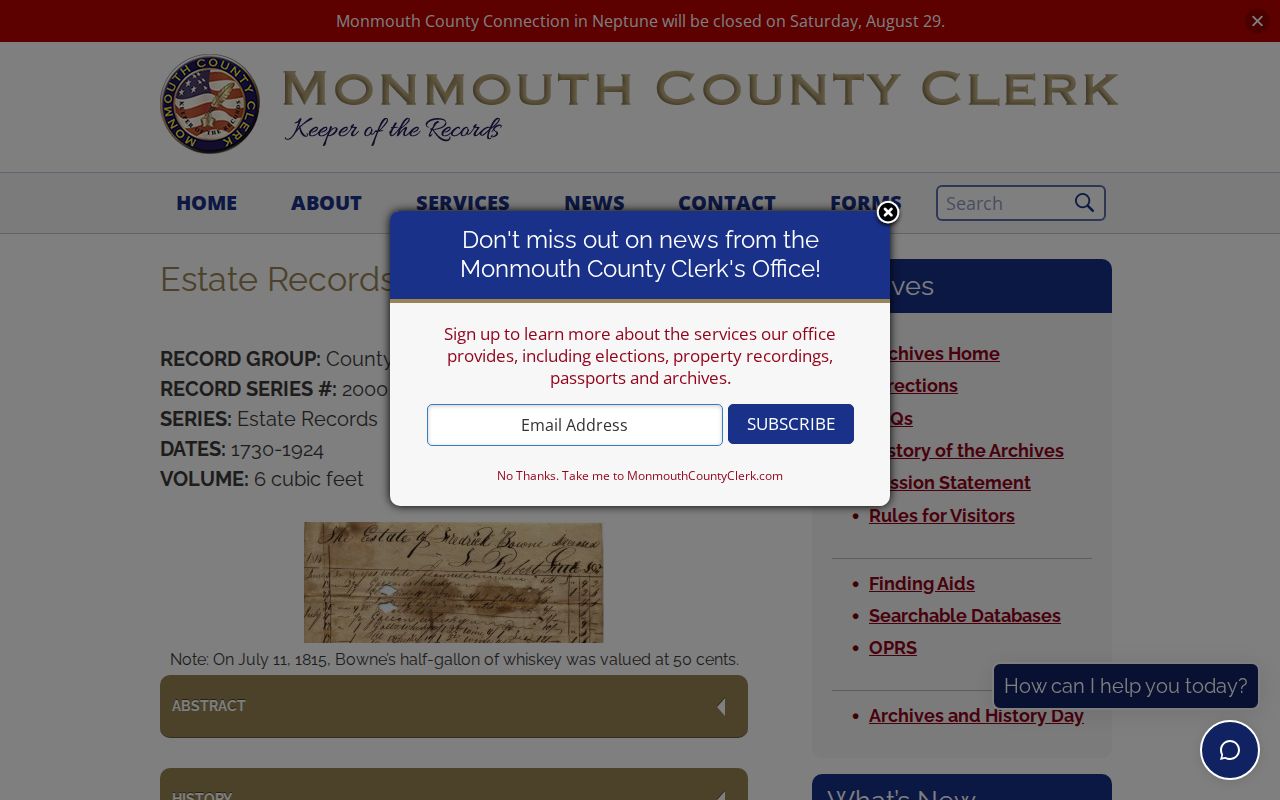 Howell previous residents Monmouth County Archives estate-records collection